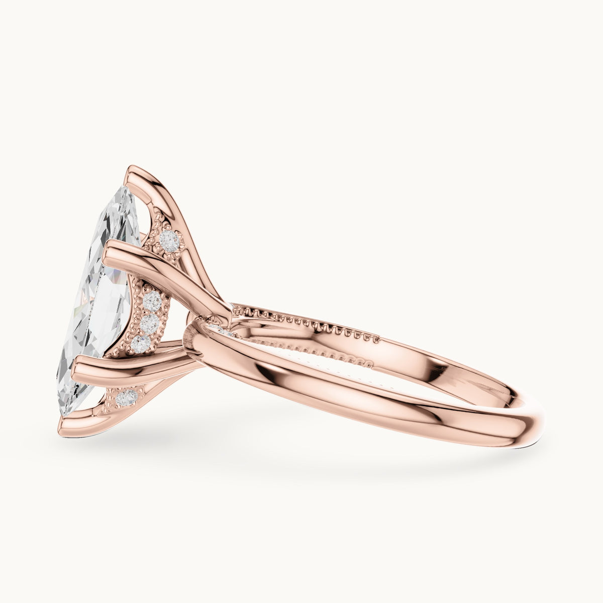 Marquise lab-grown diamond milgrain hidden halo solitaire engagement ring in rose gold, 2.60 CT TW, view 3