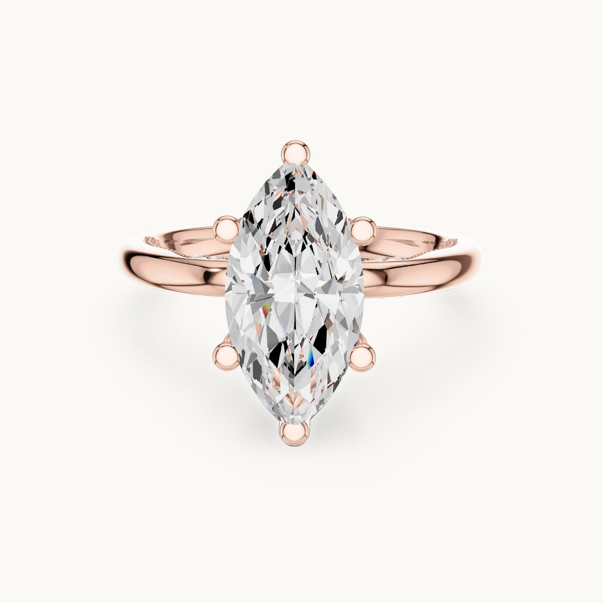 Marquise lab-grown diamond milgrain hidden halo solitaire engagement ring in rose gold, 2.60 CT TW, view 4