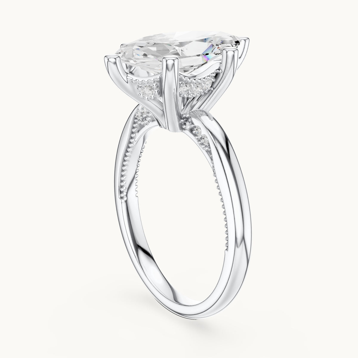 Marquise lab-grown diamond milgrain hidden halo solitaire engagement ring in white gold, 2.60 CT TW, view 1