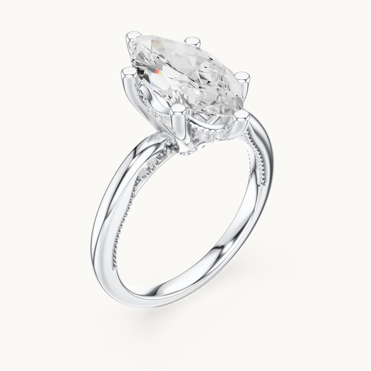Marquise lab-grown diamond milgrain hidden halo solitaire engagement ring in white gold, 2.60 CT TW, view 2