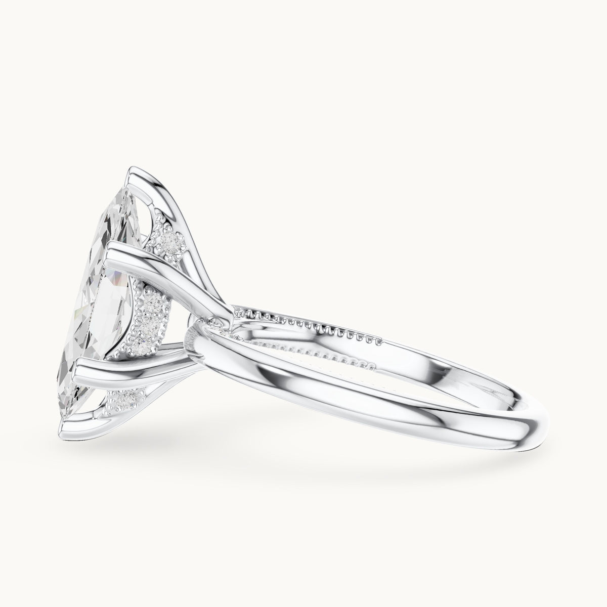 Marquise lab-grown diamond milgrain hidden halo solitaire engagement ring in white gold, 2.60 CT TW, view 3