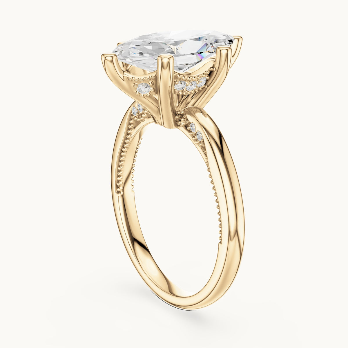 Marquise lab-grown diamond milgrain hidden halo solitaire engagement ring in yellow gold, 2.60 CT TW, view 1