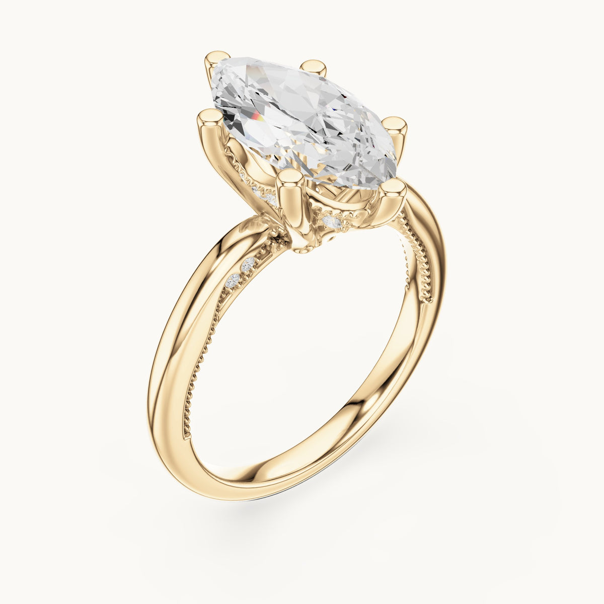 Marquise lab-grown diamond milgrain hidden halo solitaire engagement ring in yellow gold, 2.60 CT TW, view 2