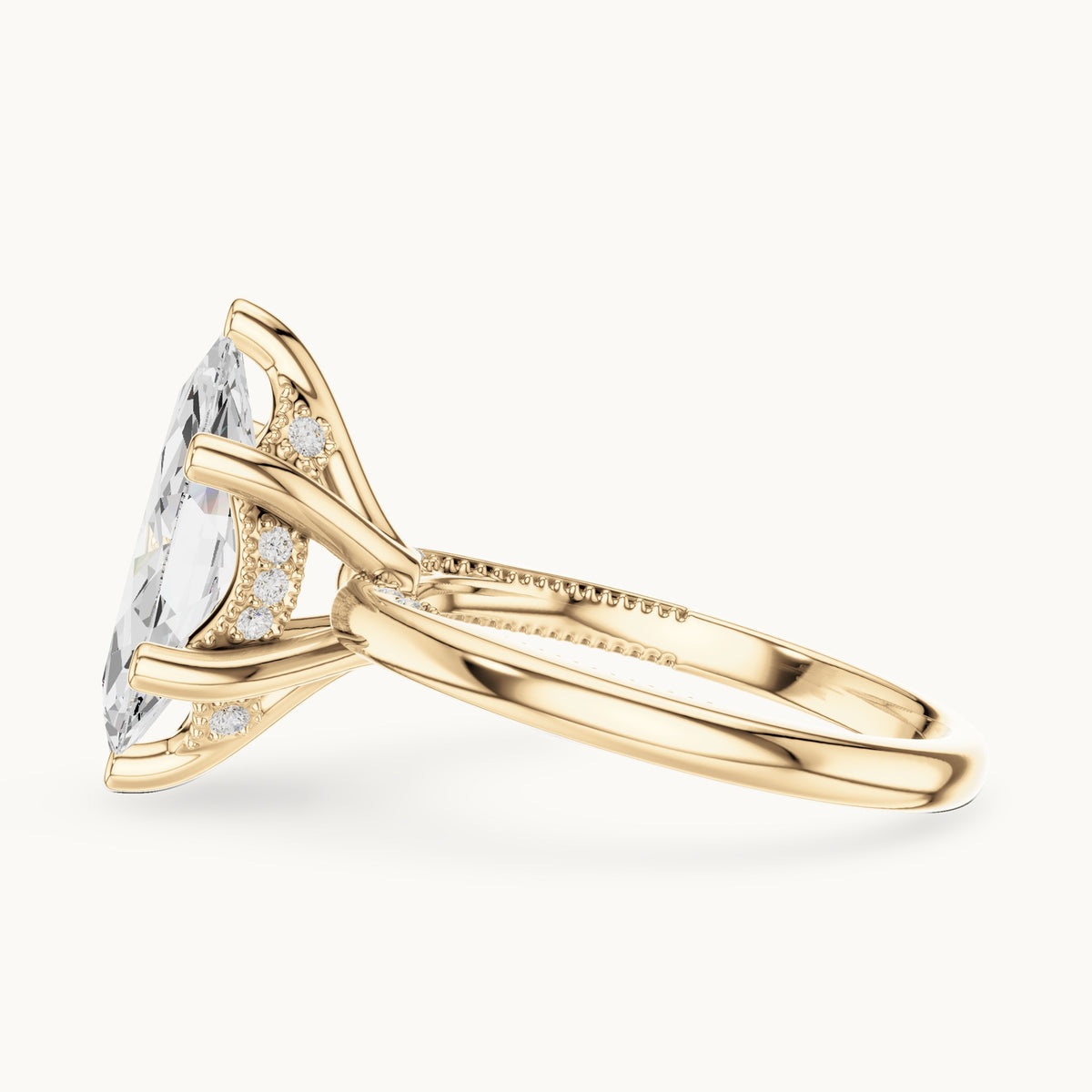 Marquise lab-grown diamond milgrain hidden halo solitaire engagement ring in yellow gold, 2.60 CT TW, view 3