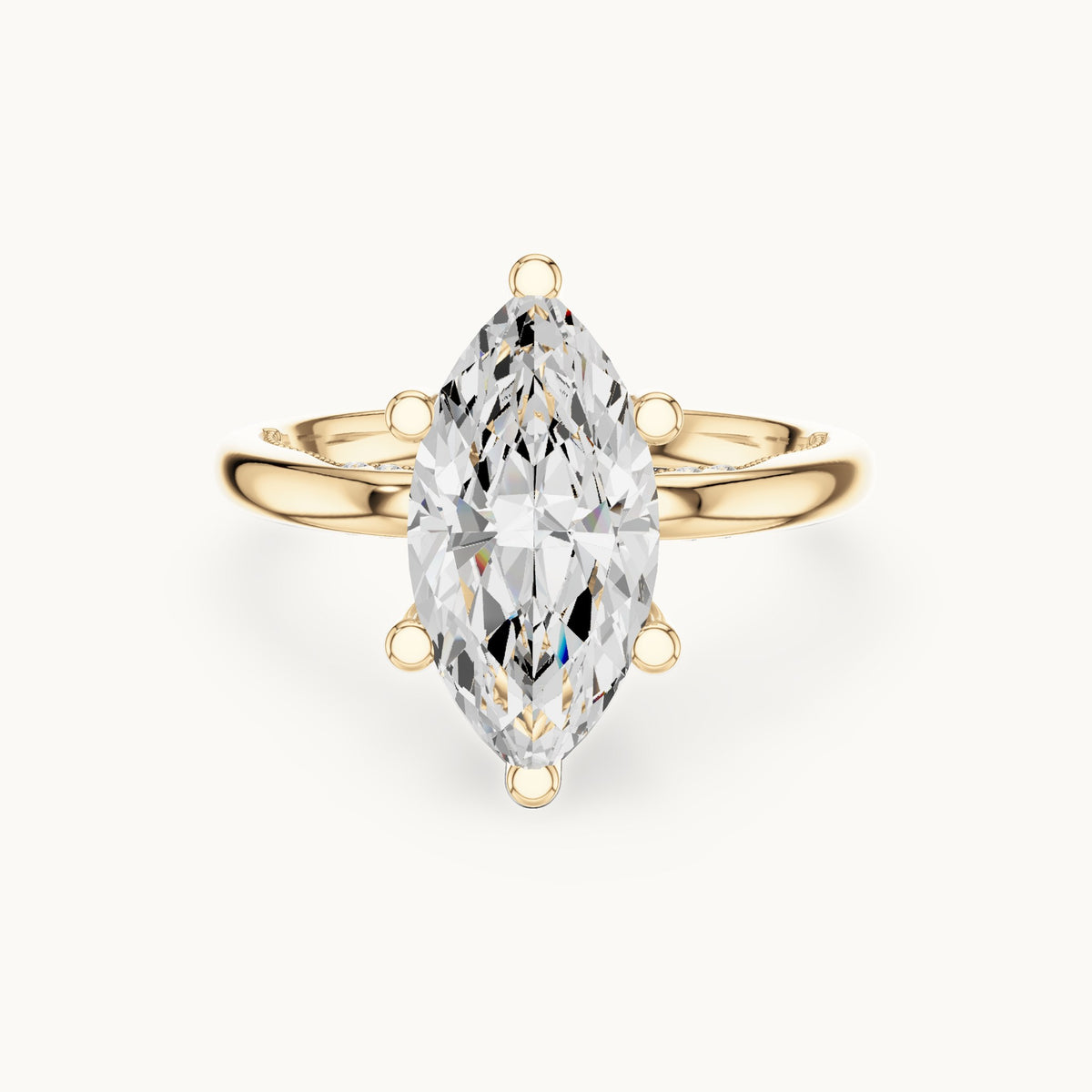 Marquise lab-grown diamond milgrain hidden halo solitaire engagement ring in yellow gold, 2.60 CT TW, view 4