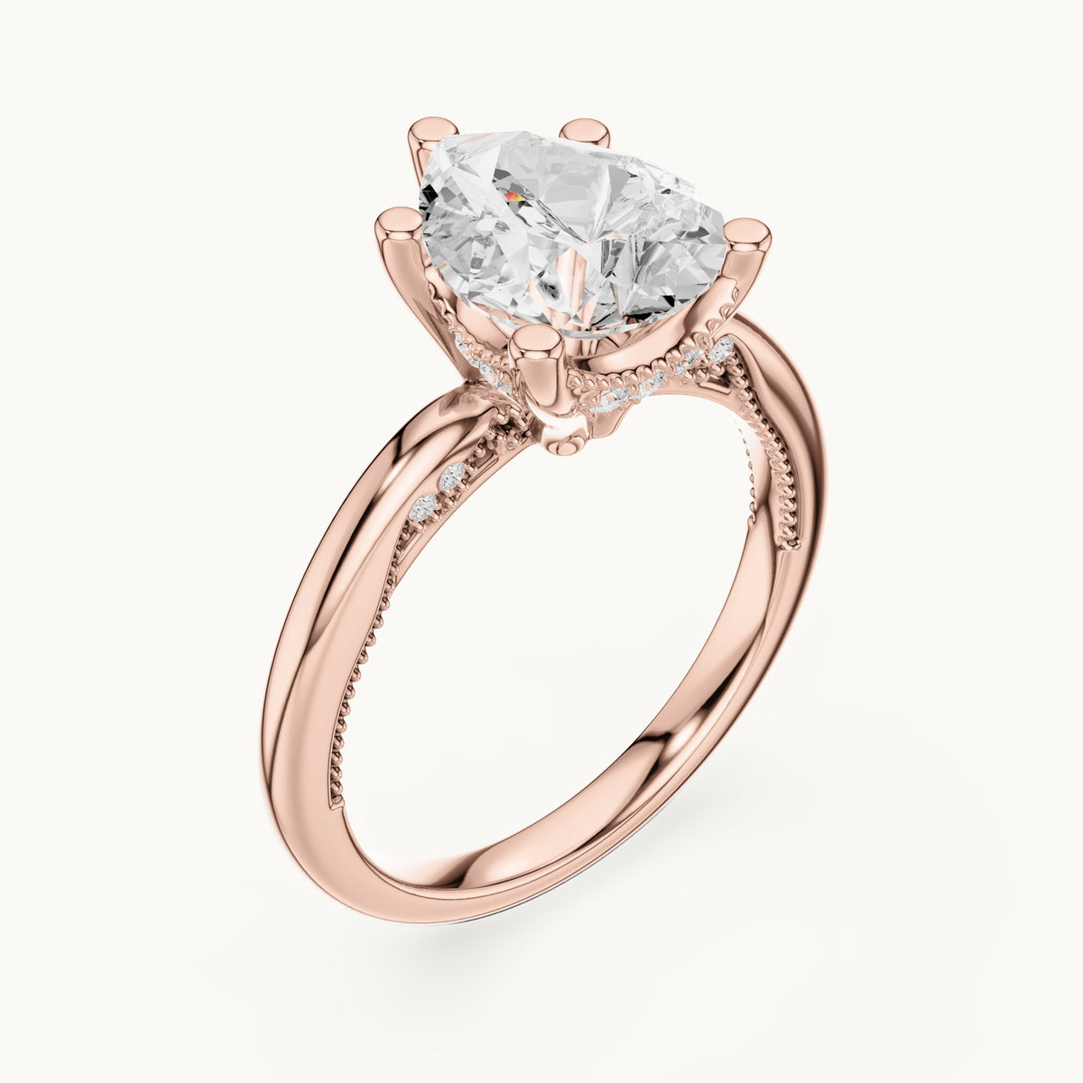 Pear lab-grown diamond milgrain hidden halo solitaire engagement ring in rose gold, 2.60 CT TW, view 2