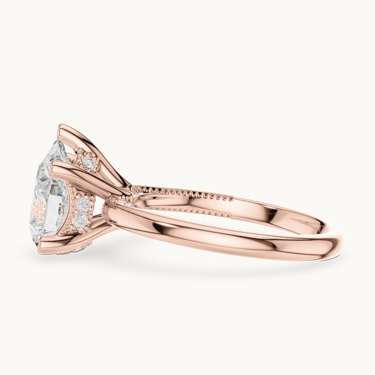 Pear lab-grown diamond milgrain hidden halo solitaire engagement ring in rose gold, 2.60 CT TW, view 3
