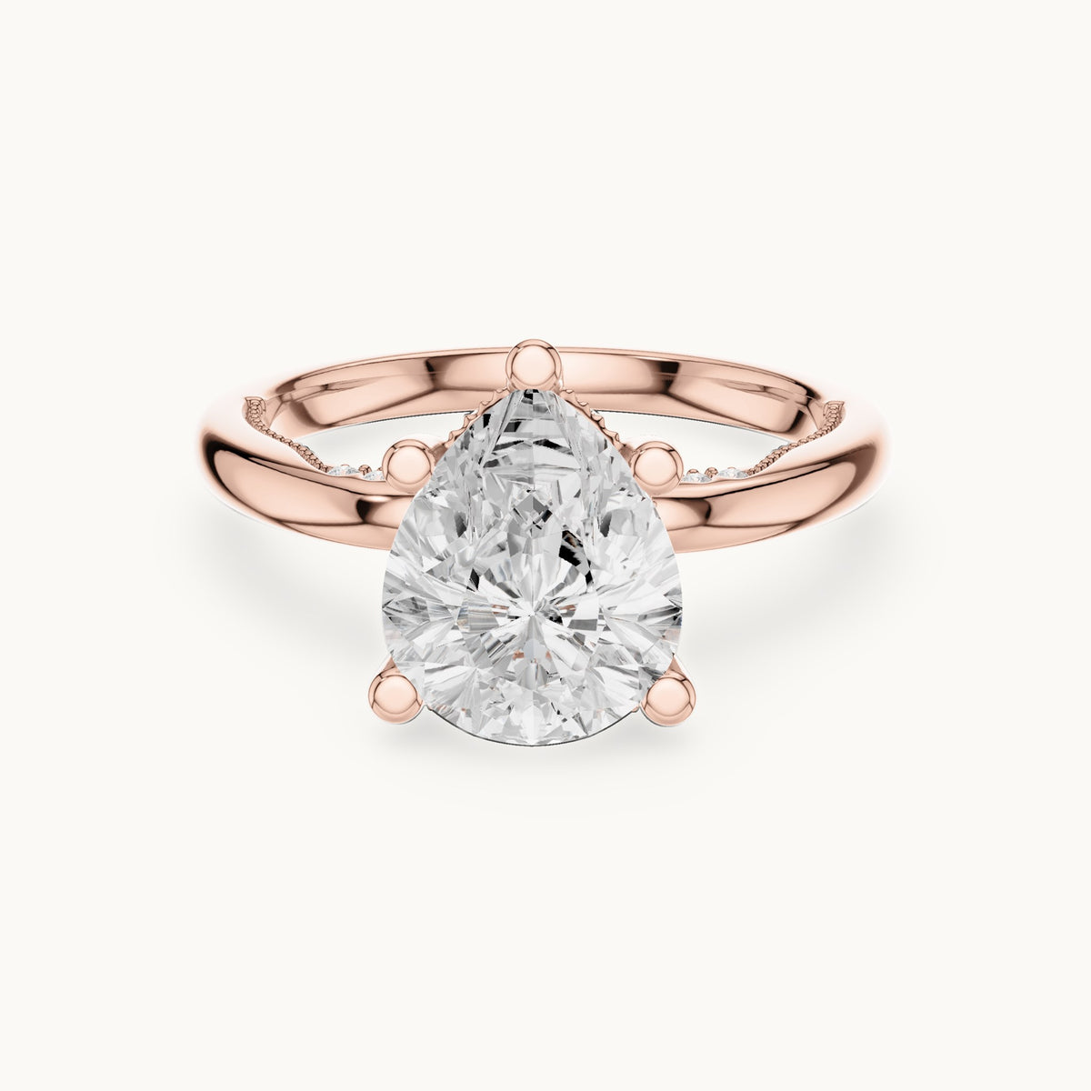 Pear lab-grown diamond milgrain hidden halo solitaire engagement ring in rose gold, 2.60 CT TW, view 4