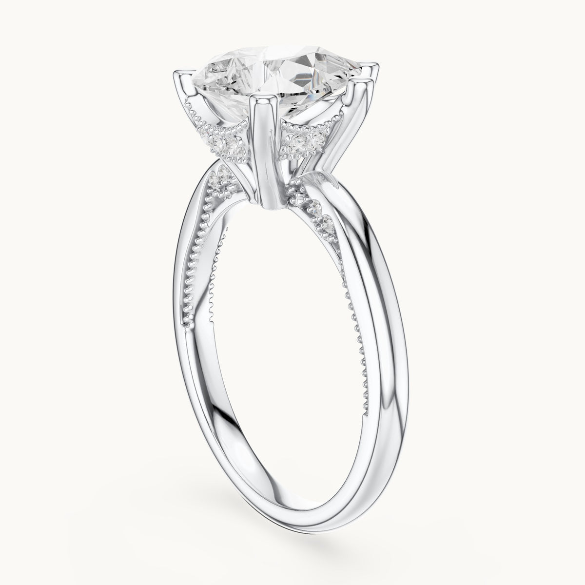 Pear lab-grown diamond milgrain hidden halo solitaire engagement ring in white gold, 2.60 CT TW, view 1