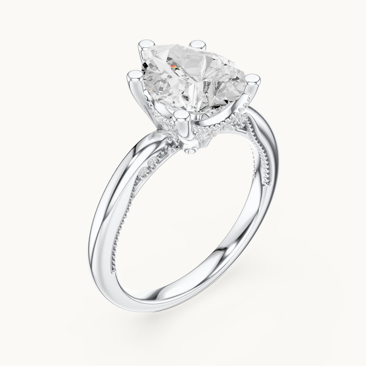 Pear lab-grown diamond milgrain hidden halo solitaire engagement ring in white gold, 2.60 CT TW, view 2