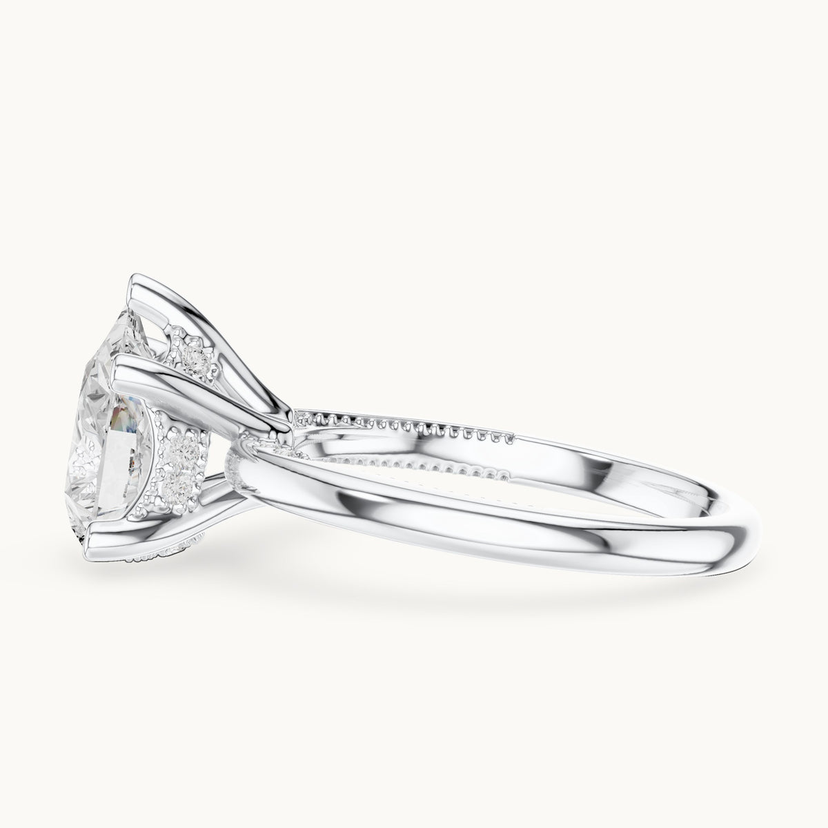 Pear lab-grown diamond milgrain hidden halo solitaire engagement ring in white gold, 2.60 CT TW, view 3