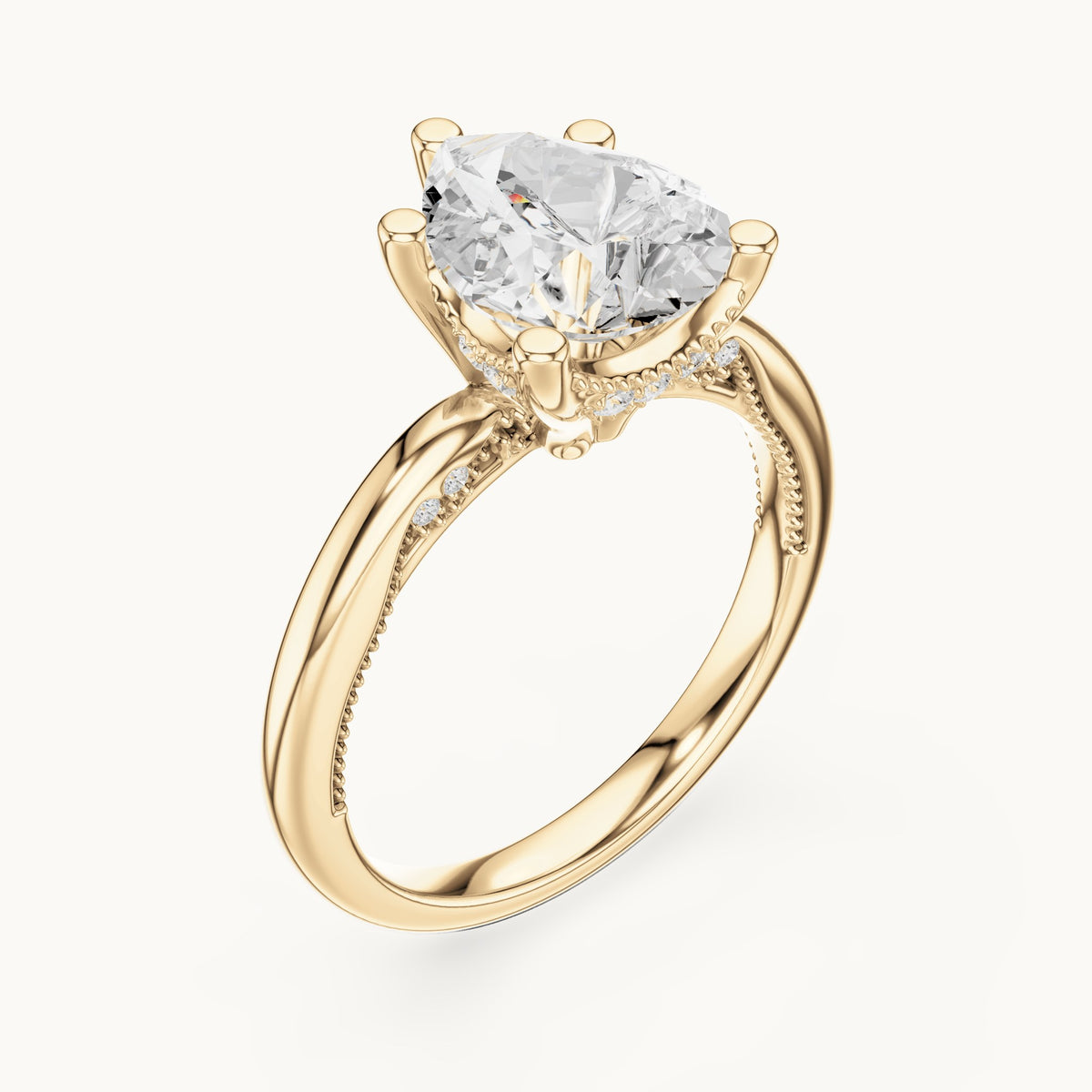 Pear lab-grown diamond milgrain hidden halo solitaire engagement ring in yellow gold, 2.60 CT TW, view 2