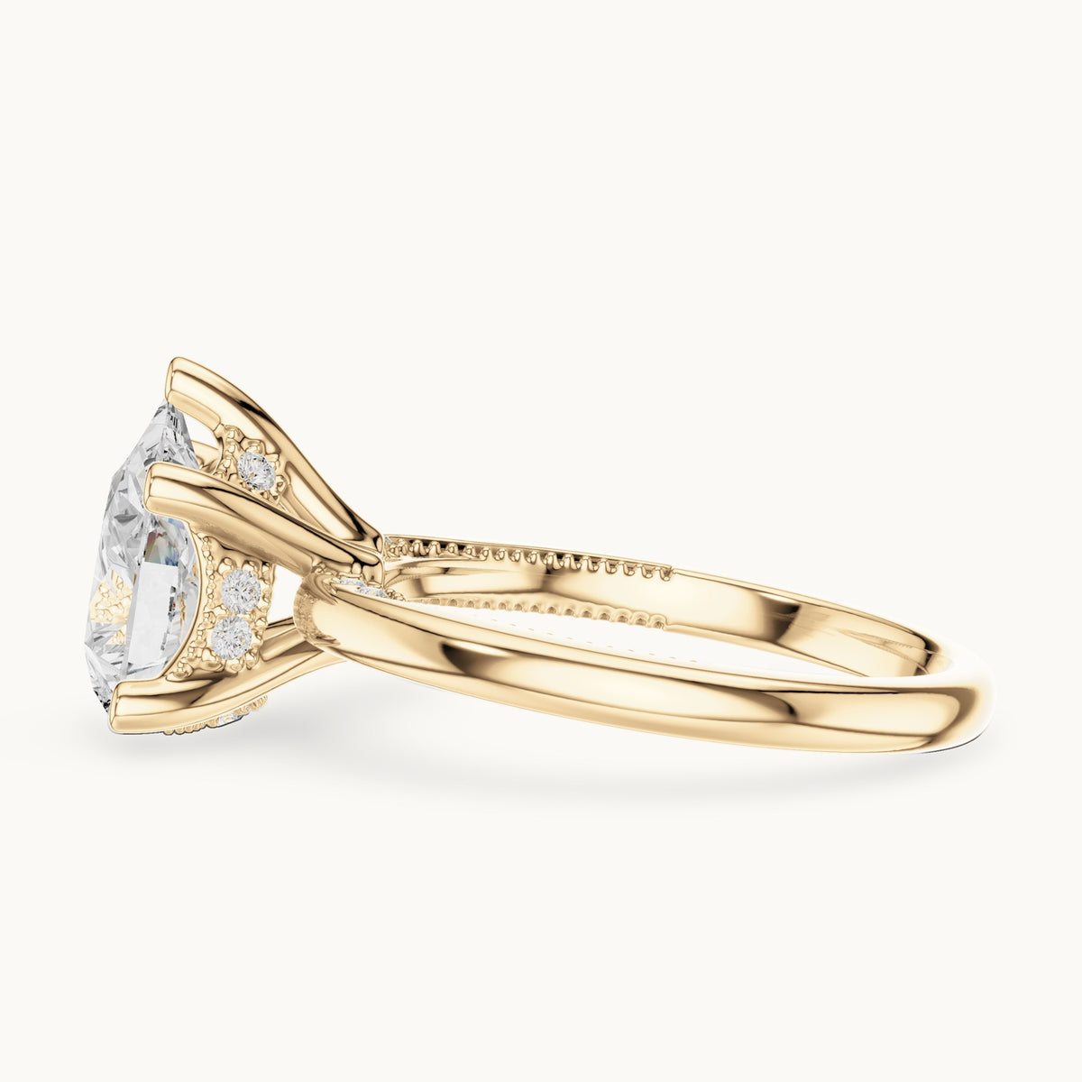 Pear lab-grown diamond milgrain hidden halo solitaire engagement ring in yellow gold, 2.60 CT TW, view 3