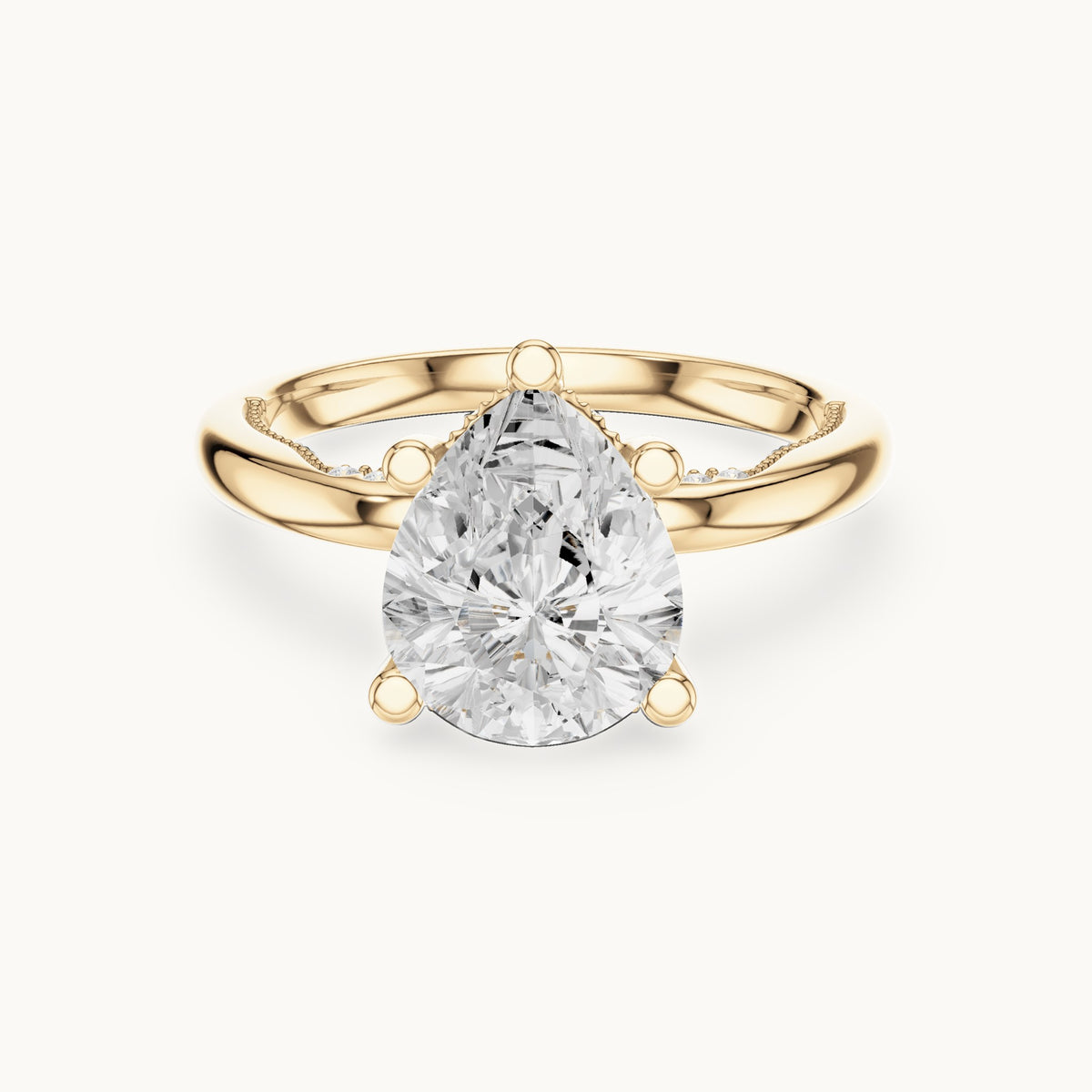 Pear lab-grown diamond milgrain hidden halo solitaire engagement ring in yellow gold, 2.60 CT TW, view 4