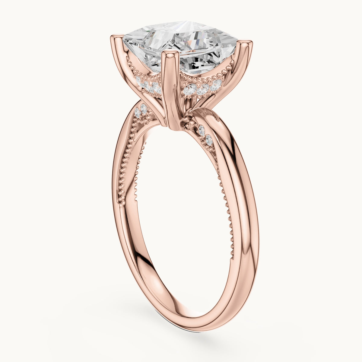 Princess-cut lab-grown diamond milgrain hidden halo solitaire engagement ring in rose gold, 2.63 CT TW, view 1