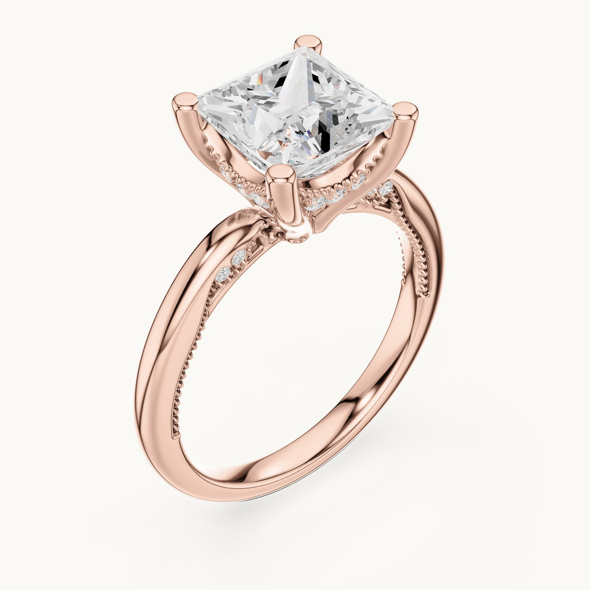 Princess-cut lab-grown diamond milgrain hidden halo solitaire engagement ring in rose gold, 2.63 CT TW, view 2