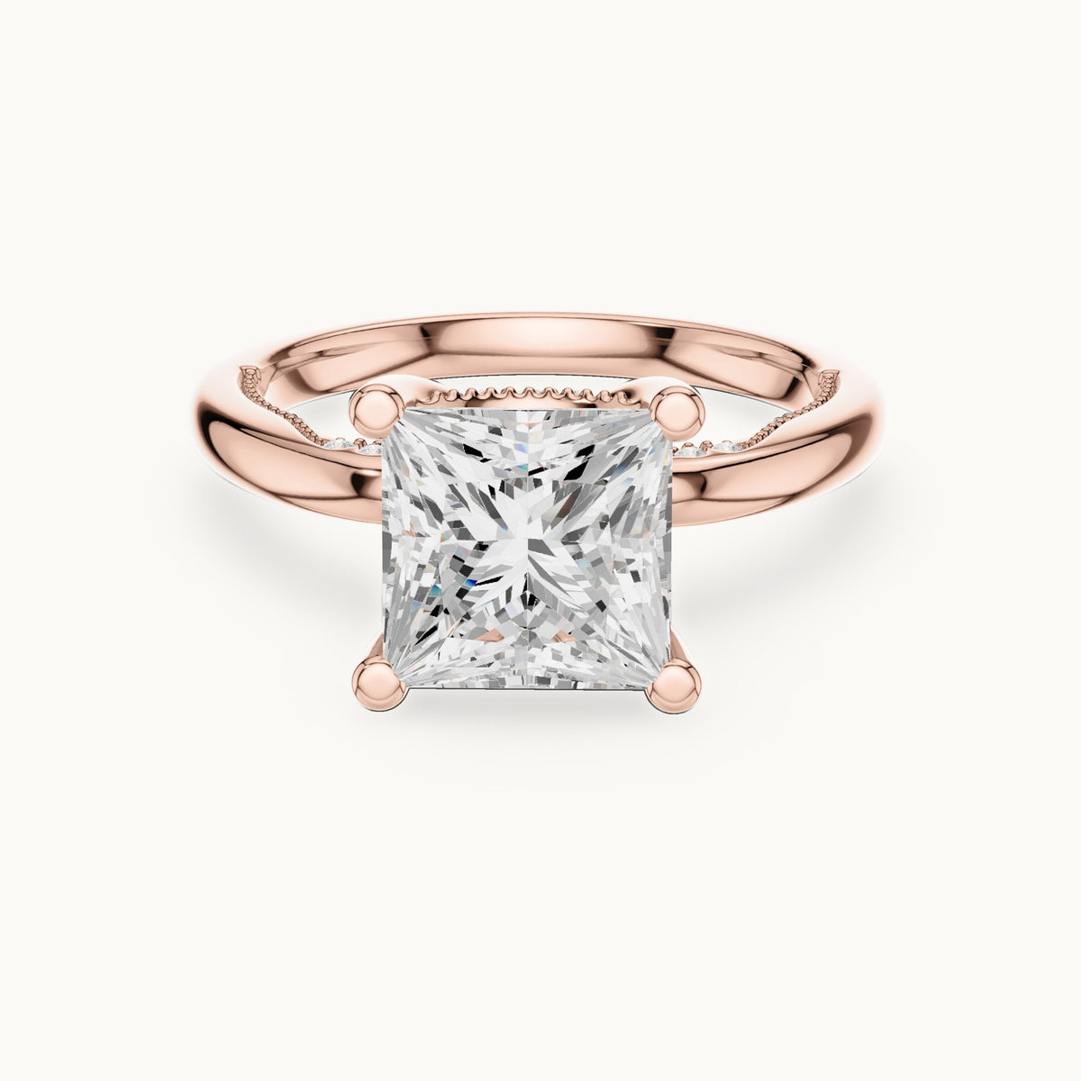 Princess-cut lab-grown diamond milgrain hidden halo solitaire engagement ring in rose gold, 2.63 CT TW, view 4