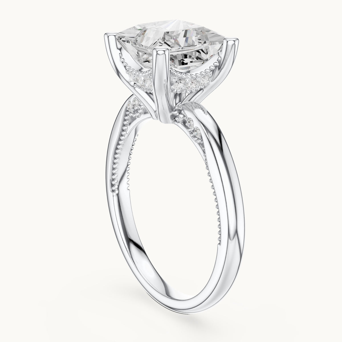 Princess-cut lab-grown diamond milgrain hidden halo solitaire engagement ring in white gold, 2.63 CT TW, view 1