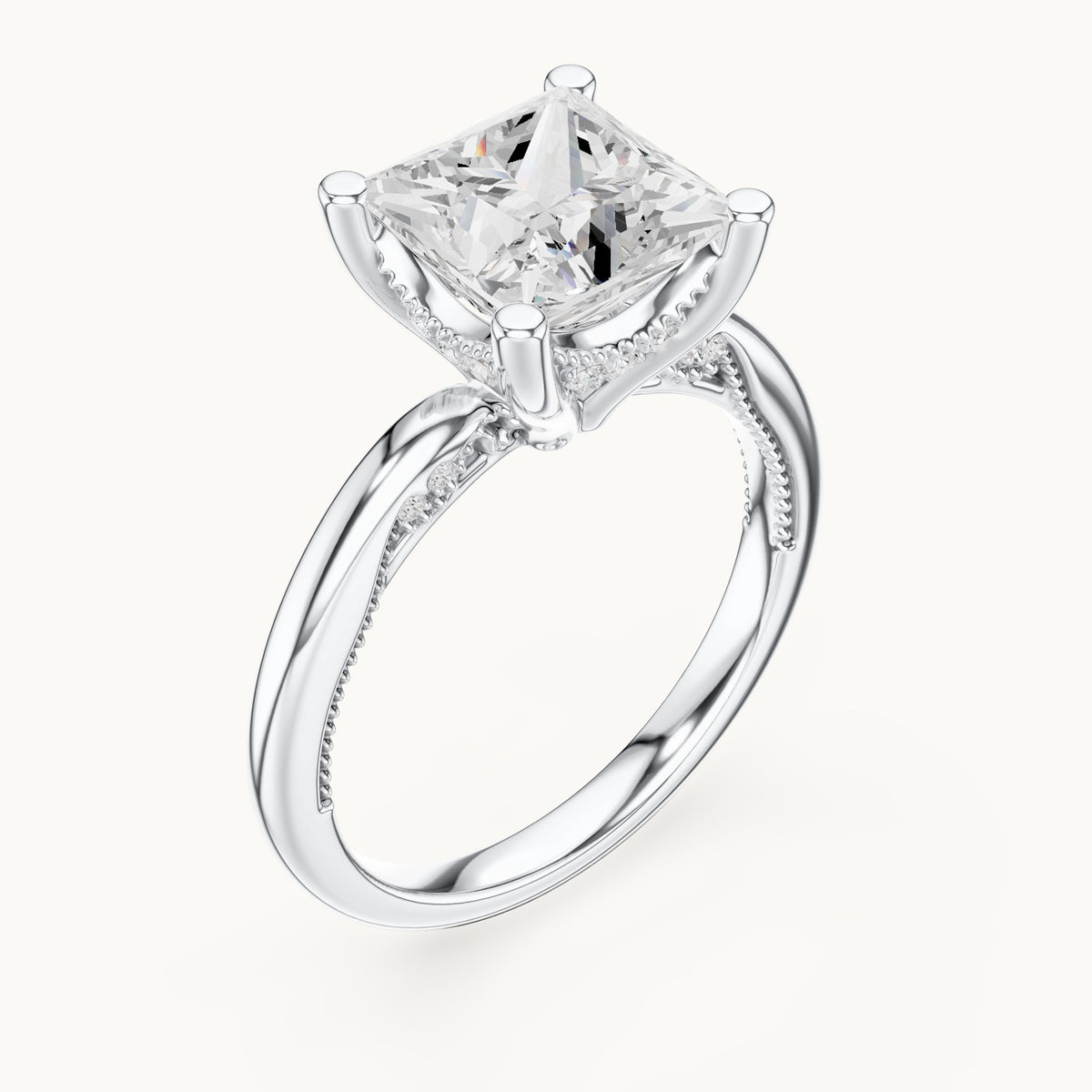 Princess-cut lab-grown diamond milgrain hidden halo solitaire engagement ring in white gold, 2.63 CT TW, view 2