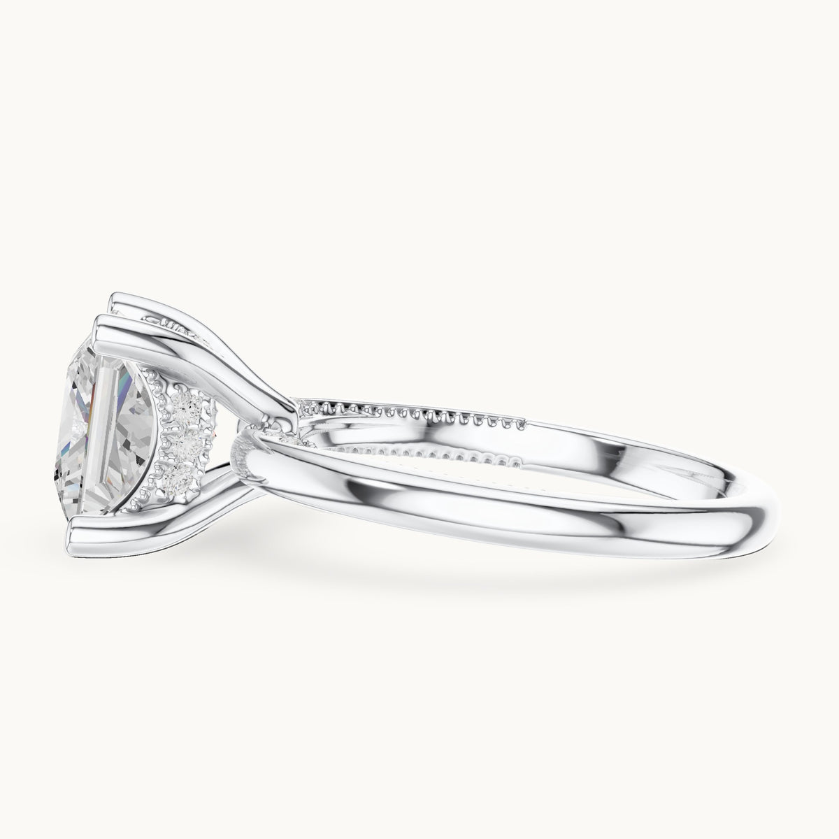 Princess-cut lab-grown diamond milgrain hidden halo solitaire engagement ring in white gold, 2.63 CT TW, view 3