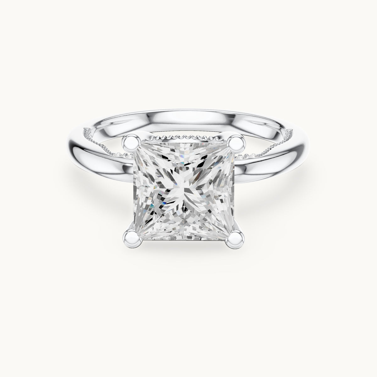 Princess-cut lab-grown diamond milgrain hidden halo solitaire engagement ring in white gold, 2.63 CT TW, view 4