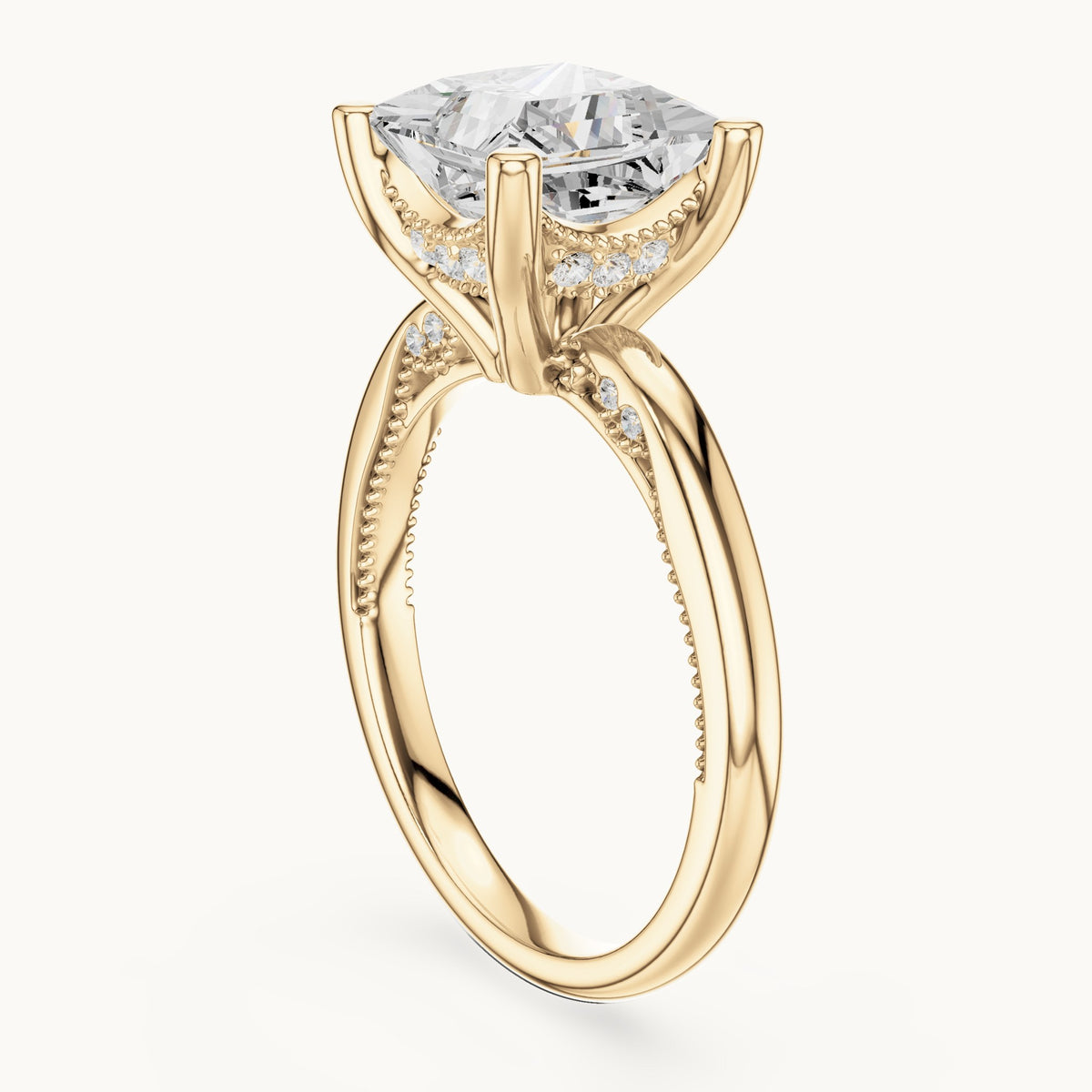 Princess-cut lab-grown diamond milgrain hidden halo solitaire engagement ring in yellow gold, 2.63 CT TW, view 1