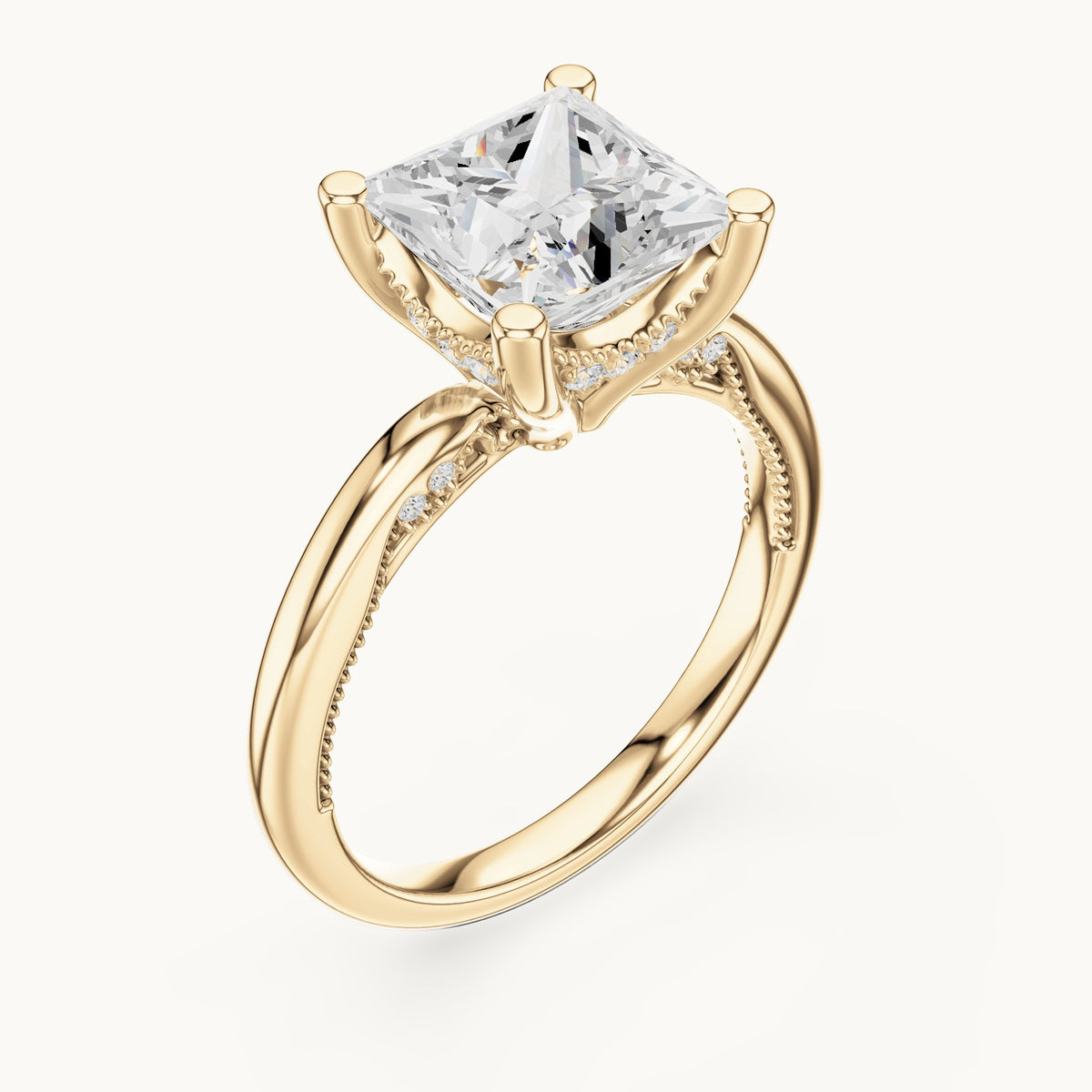 Princess-cut lab-grown diamond milgrain hidden halo solitaire engagement ring in yellow gold, 2.63 CT TW, view 2