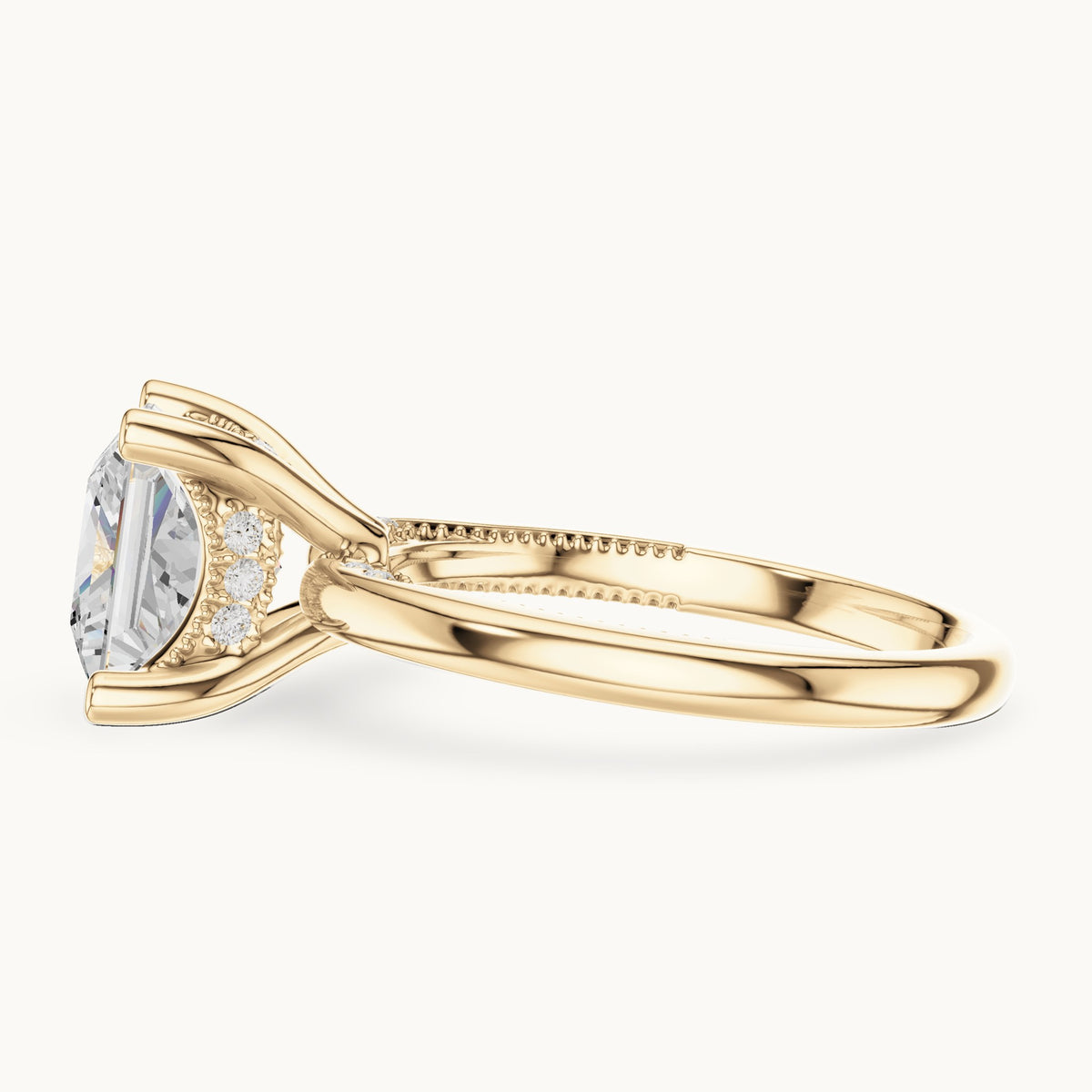 Princess-cut lab-grown diamond milgrain hidden halo solitaire engagement ring in yellow gold, 2.63 CT TW, view 3