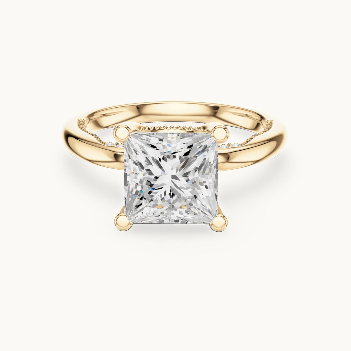 Princess-cut lab-grown diamond milgrain hidden halo solitaire engagement ring in yellow gold, 2.63 CT TW, view 4
