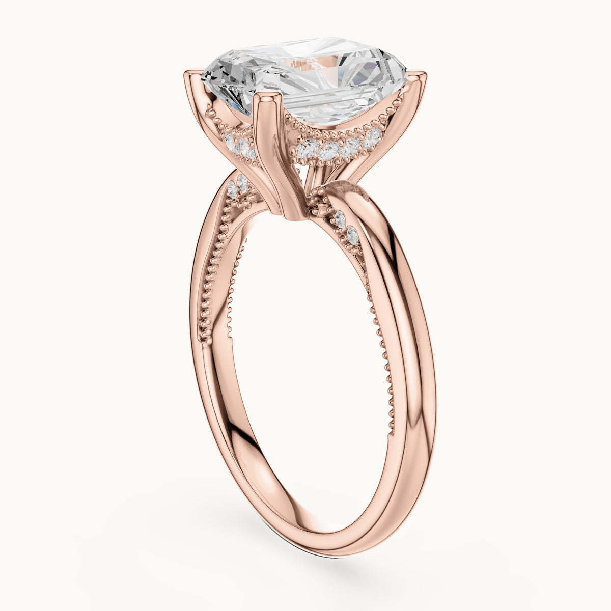 Radiant-cut lab-grown diamond milgrain hidden halo solitaire engagement ring in rose gold, 2.63 CT TW, view 1