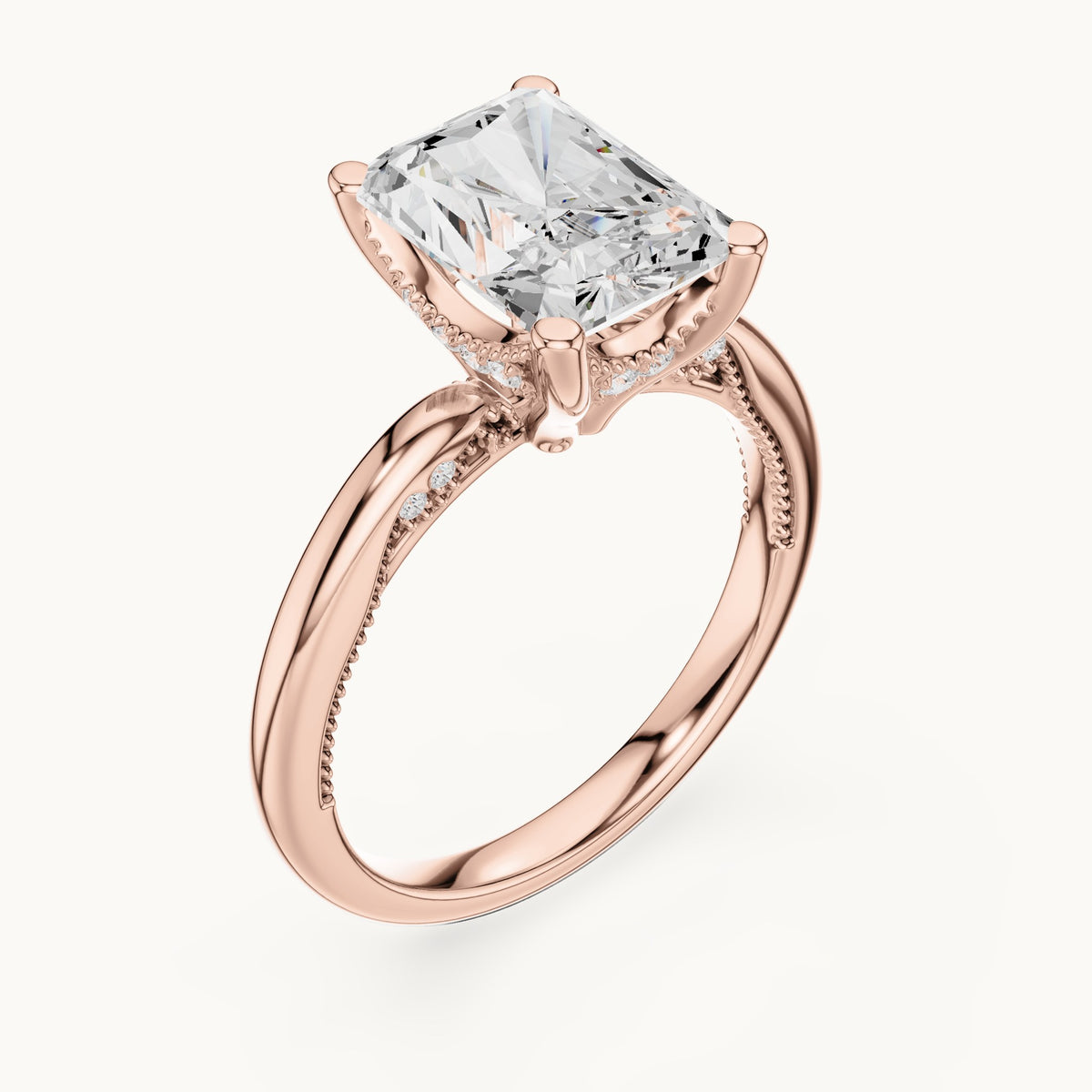 Radiant-cut lab-grown diamond milgrain hidden halo solitaire engagement ring in rose gold, 2.63 CT TW, view 2