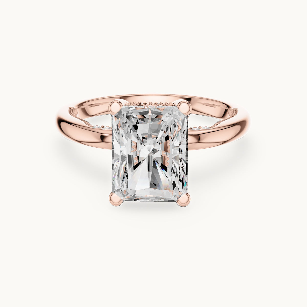 Radiant-cut lab-grown diamond milgrain hidden halo solitaire engagement ring in rose gold, 2.63 CT TW, view 4