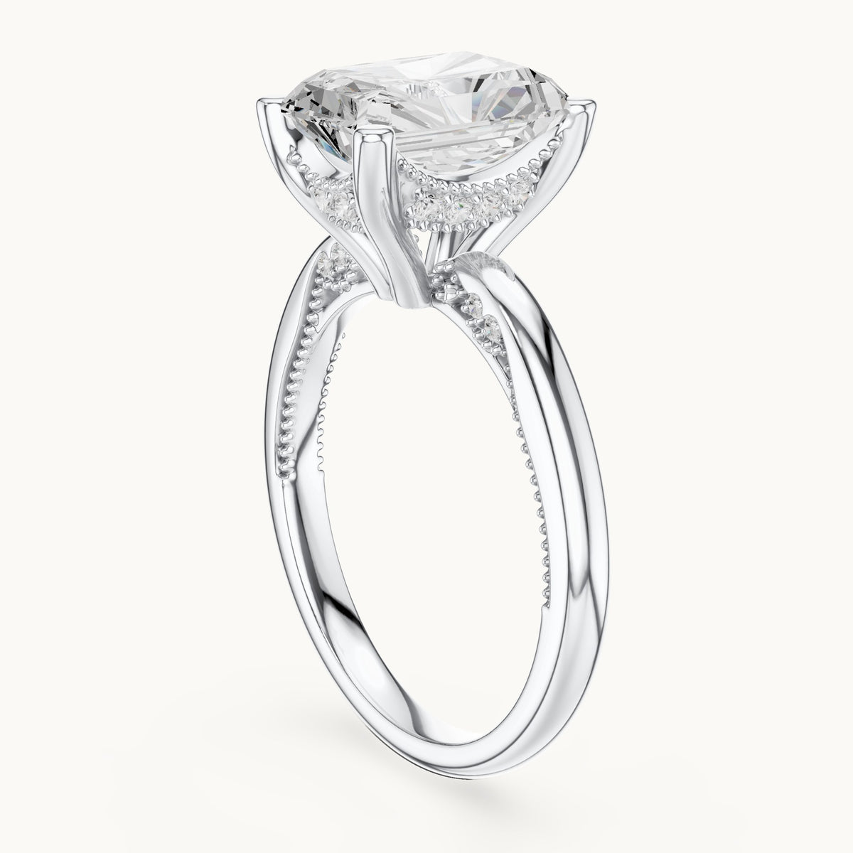Radiant-cut lab-grown diamond milgrain hidden halo solitaire engagement ring in white gold, 2.63 CT TW, view 1