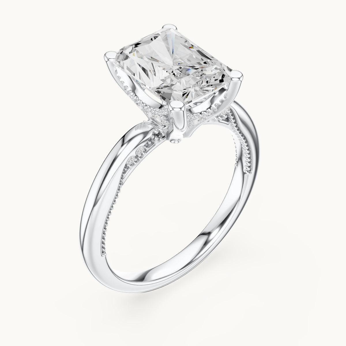 Radiant-cut lab-grown diamond milgrain hidden halo solitaire engagement ring in white gold, 2.63 CT TW, view 2