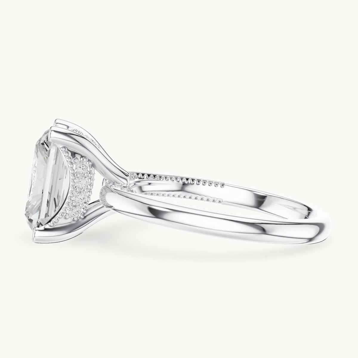 Radiant-cut lab-grown diamond milgrain hidden halo solitaire engagement ring in white gold, 2.63 CT TW, view 3