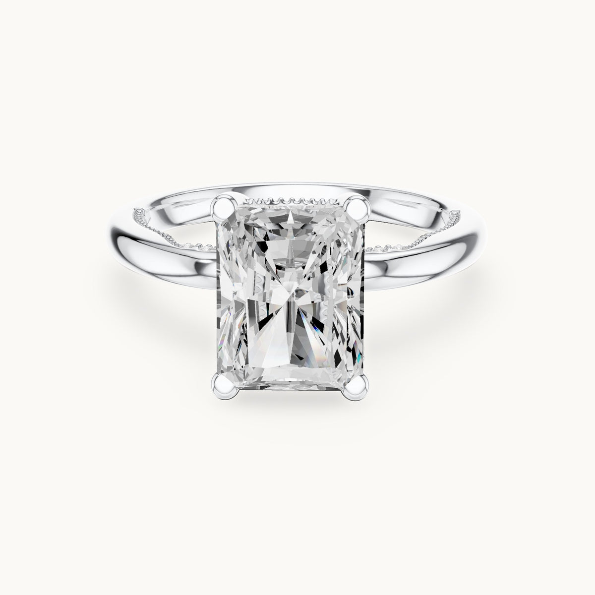 Radiant-cut lab-grown diamond milgrain hidden halo solitaire engagement ring in white gold, 2.63 CT TW, view 4