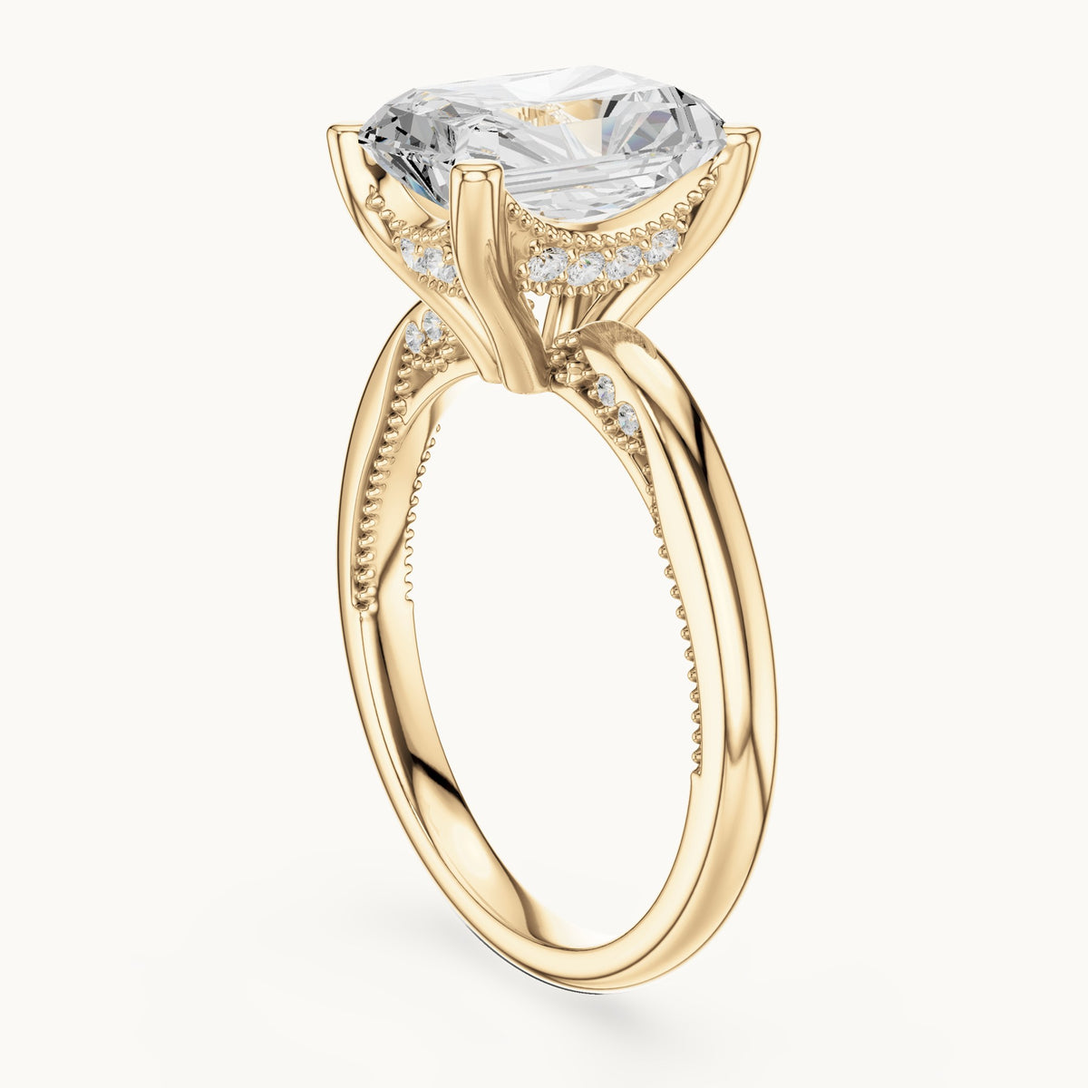 Radiant-cut lab-grown diamond milgrain hidden halo solitaire engagement ring in yellow gold, 2.63 CT TW, view 1