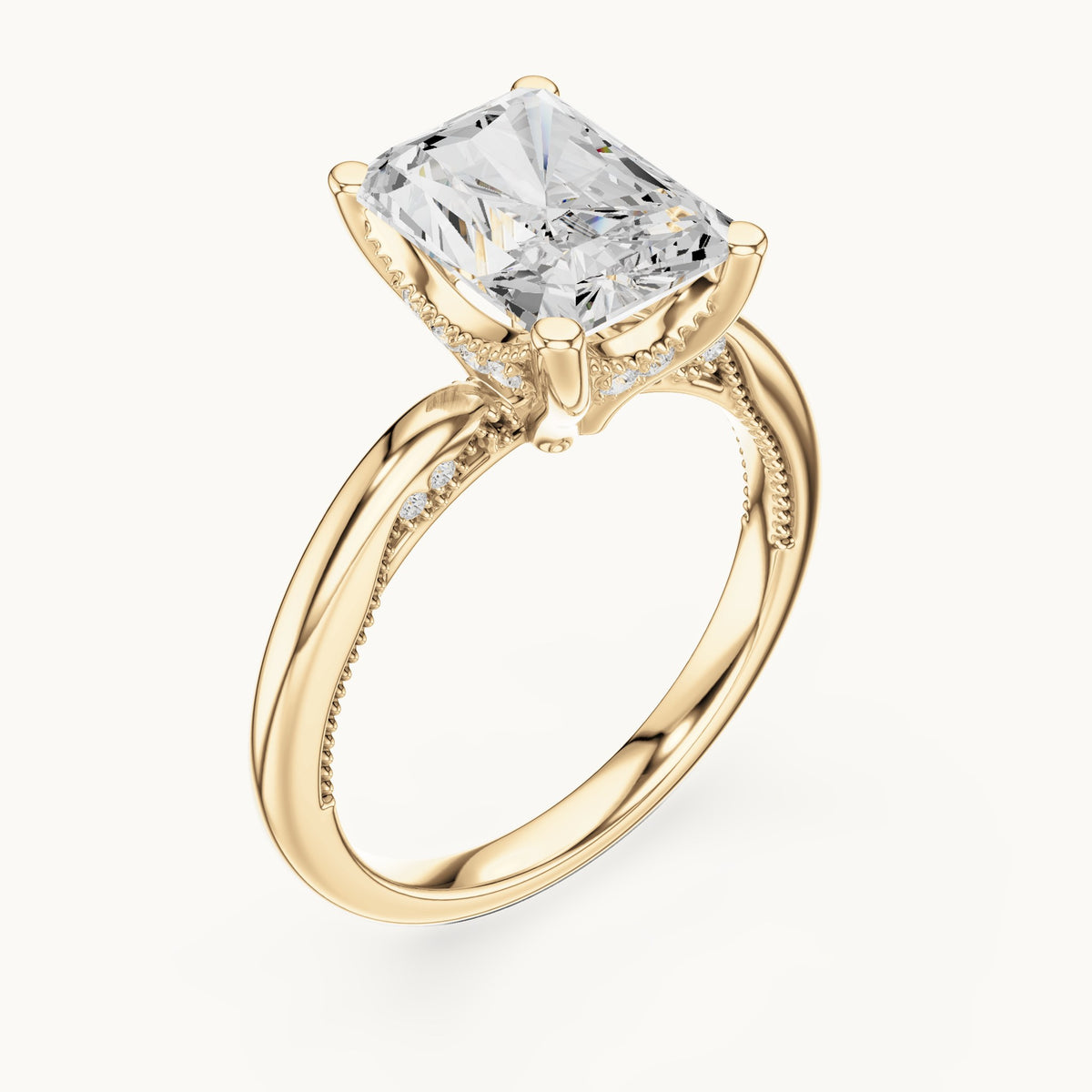 Radiant-cut lab-grown diamond milgrain hidden halo solitaire engagement ring in yellow gold, 2.63 CT TW, view 2