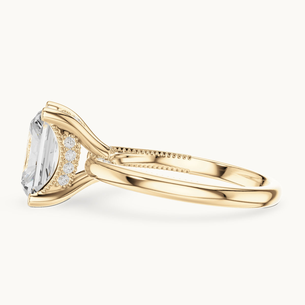 Radiant-cut lab-grown diamond milgrain hidden halo solitaire engagement ring in yellow gold, 2.63 CT TW, view 3