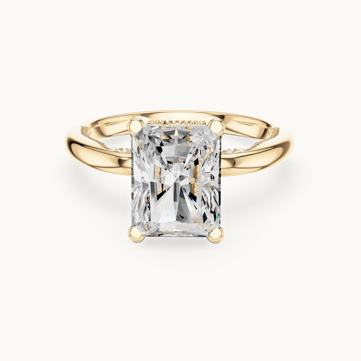 Radiant-cut lab-grown diamond milgrain hidden halo solitaire engagement ring in yellow gold, 2.63 CT TW, view 4