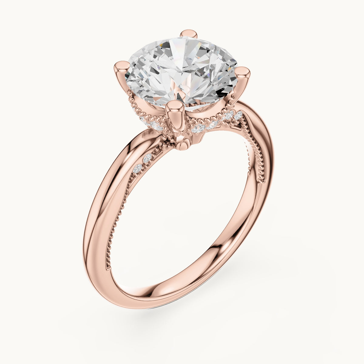 Round lab-grown diamond milgrain hidden halo solitaire engagement ring in rose gold, 2.63 CT TW, view 2