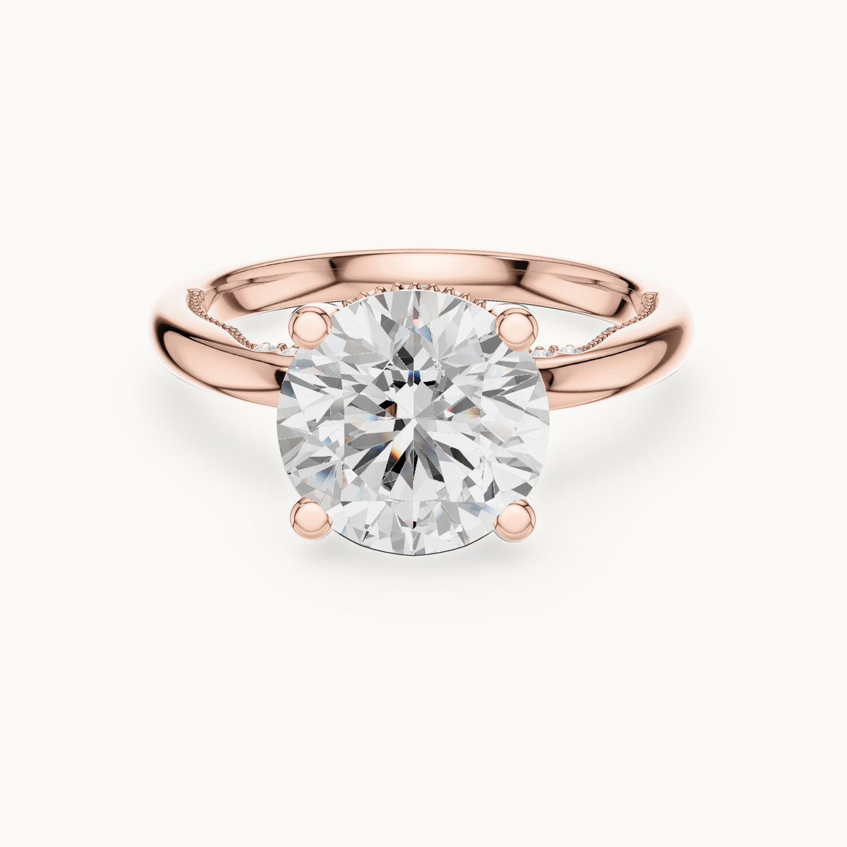 Round lab-grown diamond milgrain hidden halo solitaire engagement ring in rose gold, 2.63 CT TW, view 4