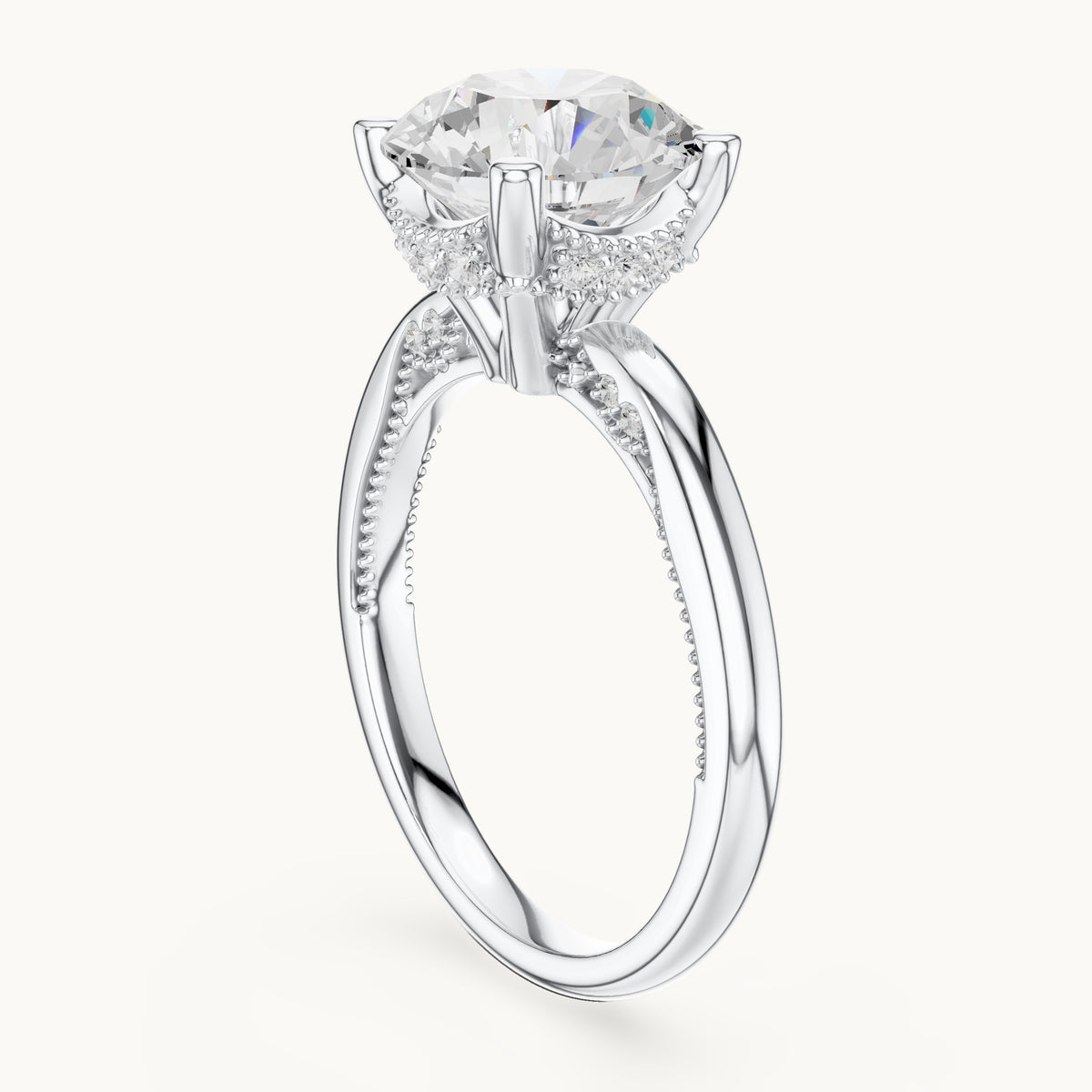 Round lab-grown diamond milgrain hidden halo solitaire engagement ring in white gold, 2.63 CT TW, view 1