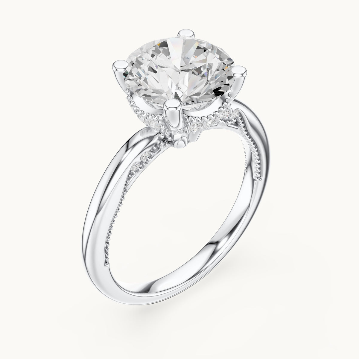 Round lab-grown diamond milgrain hidden halo solitaire engagement ring in white gold, 2.63 CT TW, view 2