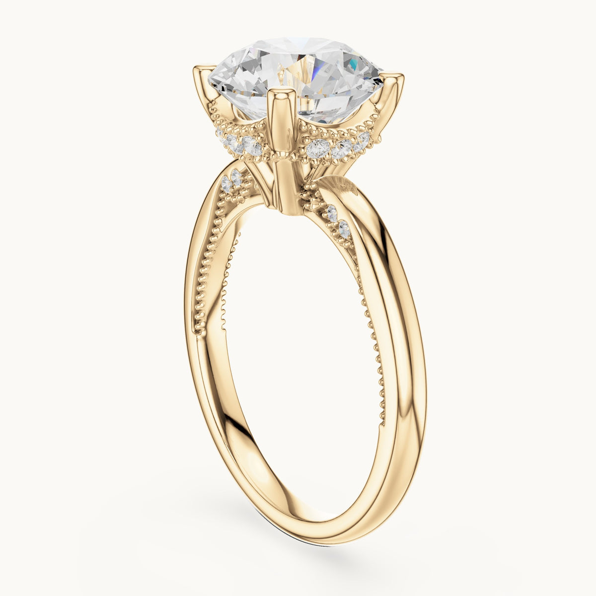 Round lab-grown diamond milgrain hidden halo solitaire engagement ring in yellow gold, 2.63 CT TW, view 1
