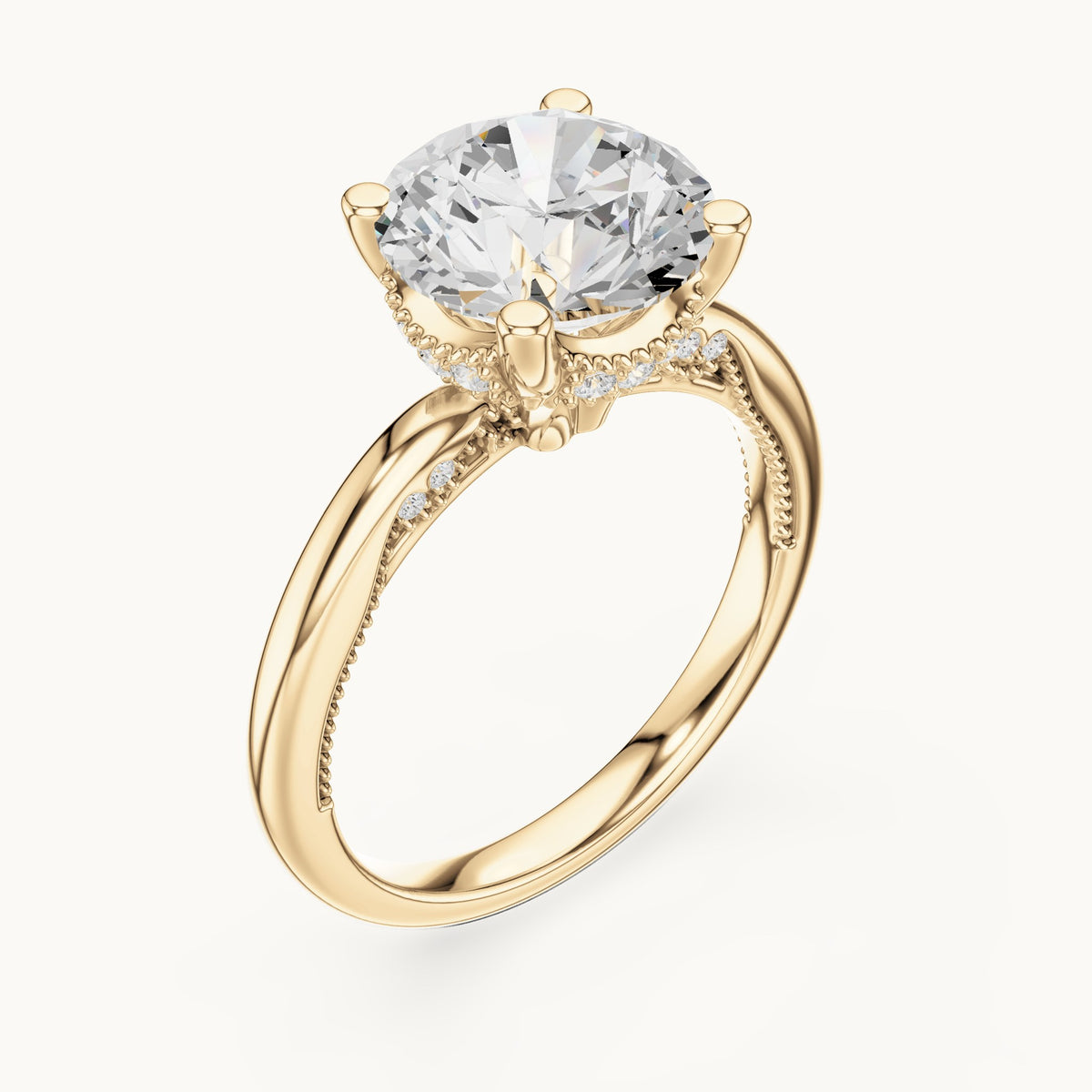 Round lab-grown diamond milgrain hidden halo solitaire engagement ring in yellow gold, 2.63 CT TW, view 2