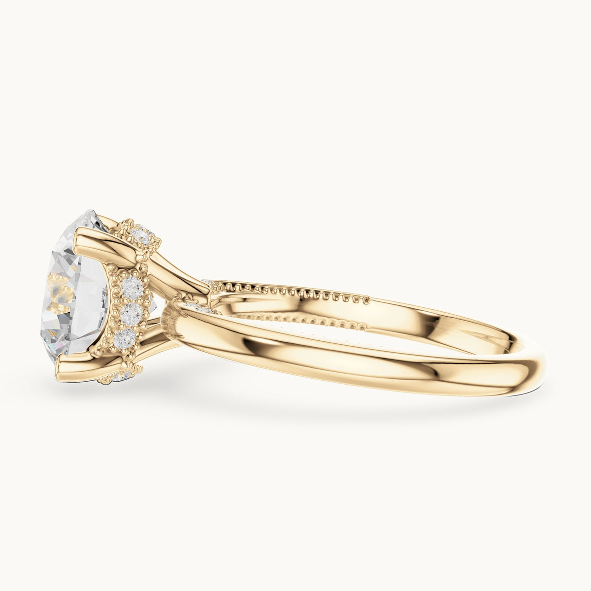 Round lab-grown diamond milgrain hidden halo solitaire engagement ring in yellow gold, 2.63 CT TW, view 3