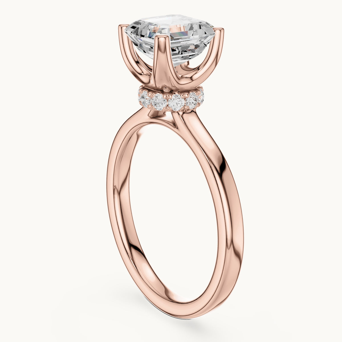Asscher-cut lab-grown diamond collar-set solitaire engagement ring in rose gold, 1.65 CT TW, view 1