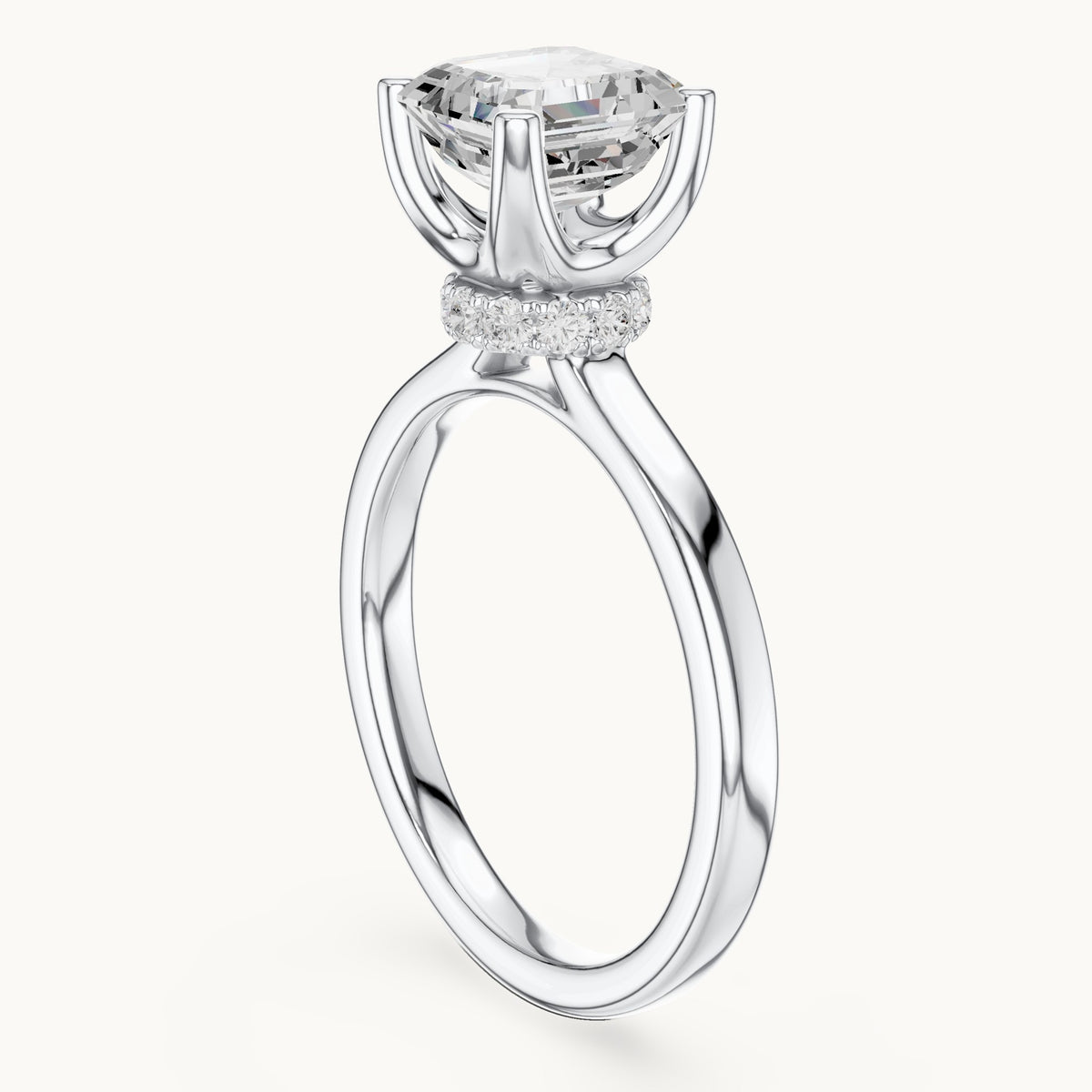 Asscher-cut lab-grown diamond collar-set solitaire engagement ring in white gold, 1.65 CT TW, view 1