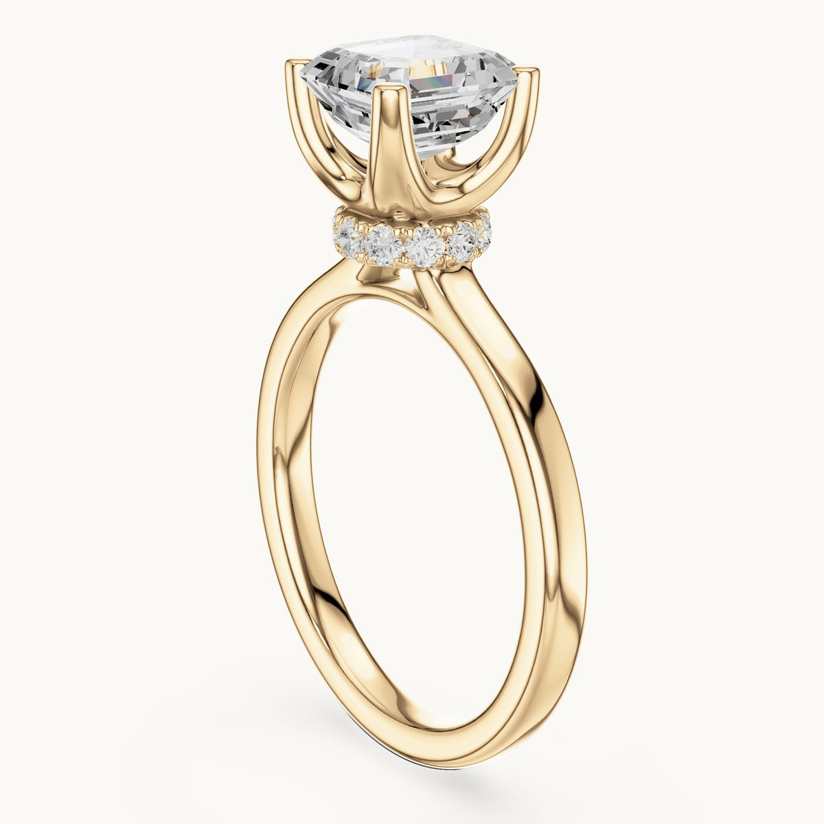 Asscher-cut lab-grown diamond collar-set solitaire engagement ring in yellow gold, 1.65 CT TW, view 1
